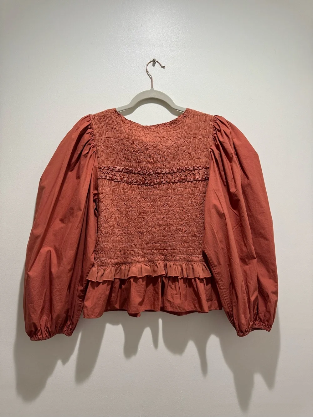 Ulla Johnson Amelia Smocked Puff Sleeve Ruffle Blouse Size 8